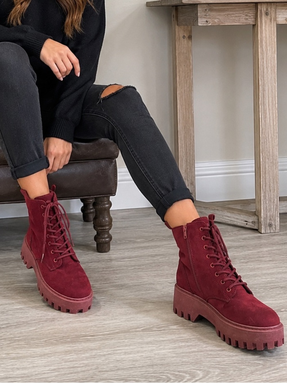 Burgundy Platform Combat Boots Lace Up Side Zip Lug Sole Women’s Size 8
